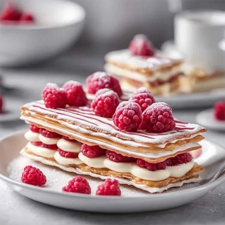 Mille-feuille à la vanille et framboises fraîches, glaçage au chocolat blanc